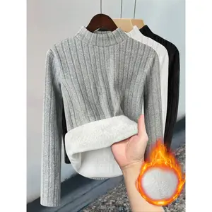 Women's Fall Winter Fashion Slim Fit Thermal Long Sleeve Tops Set, Casual Round Neck Fleece Lined Pullover, 3 Piece