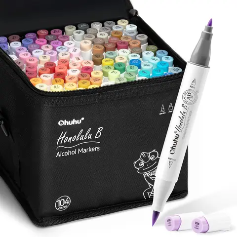 Ohuhu Alcohol Markers: Brush& Chisel / Fine / Soft Chisel - 104 Colors for Adults Cozy Coloring | AP Certified Refillable Art Marker, Dual Tips Alcohol-based for Artists Beginners Drawing Illustration Sketching, Honolulu & B & 2S Series of Ohuhu