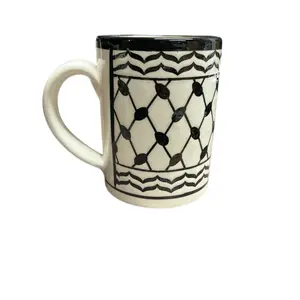 Handcrafted 10 Oz Mug from Palestine Unique Glazed Design with Olive Leaf Patterns Reusable Ceramic Tumbler for Coffee Beverages Aesthetic Washable Cup Drinkware - Reuse