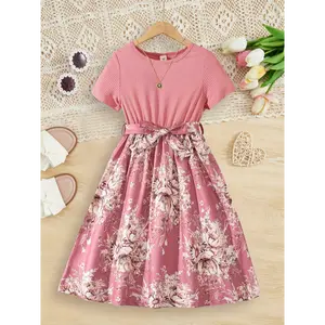 Girls' Pink Floral Dress with Waistband, Spring/Summer Elegant Round Neck, Polyester Knit, Short Sleeve, Long Length, A-Line Skirt, Casual Fit, Youth Fashion kids cloths