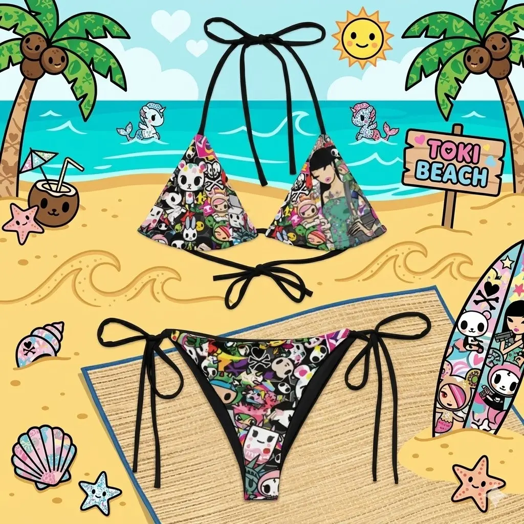 Black Y2K Cartoon String Bikini Two-piece Print Set