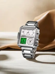 Men's Square Digital Watch, Dual Display Multi-Function Dial with 24H & Second Sub Dials, Stainless Steel Strap, 30M Water Resistant Wristwatch for Daily & Sports