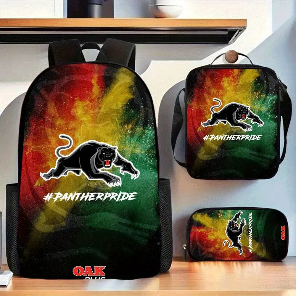3-Piece School Backpack Set with Oak Panther Mascot, Synthetic Rasta Gradient Print Bag with Zipper Lunch Box for Kids Campus Life, Team Gift, Back To School Hauls, Set Pack, Mascot Figure Backpacks, Panther Logo, #Pantherpride