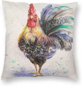 Watercolor Rooster Farmhouse Decorative Throw Pillow Cover, 18x18 Inch Country Chicken Cushion Case for Sofa, Bedroom, Living Room