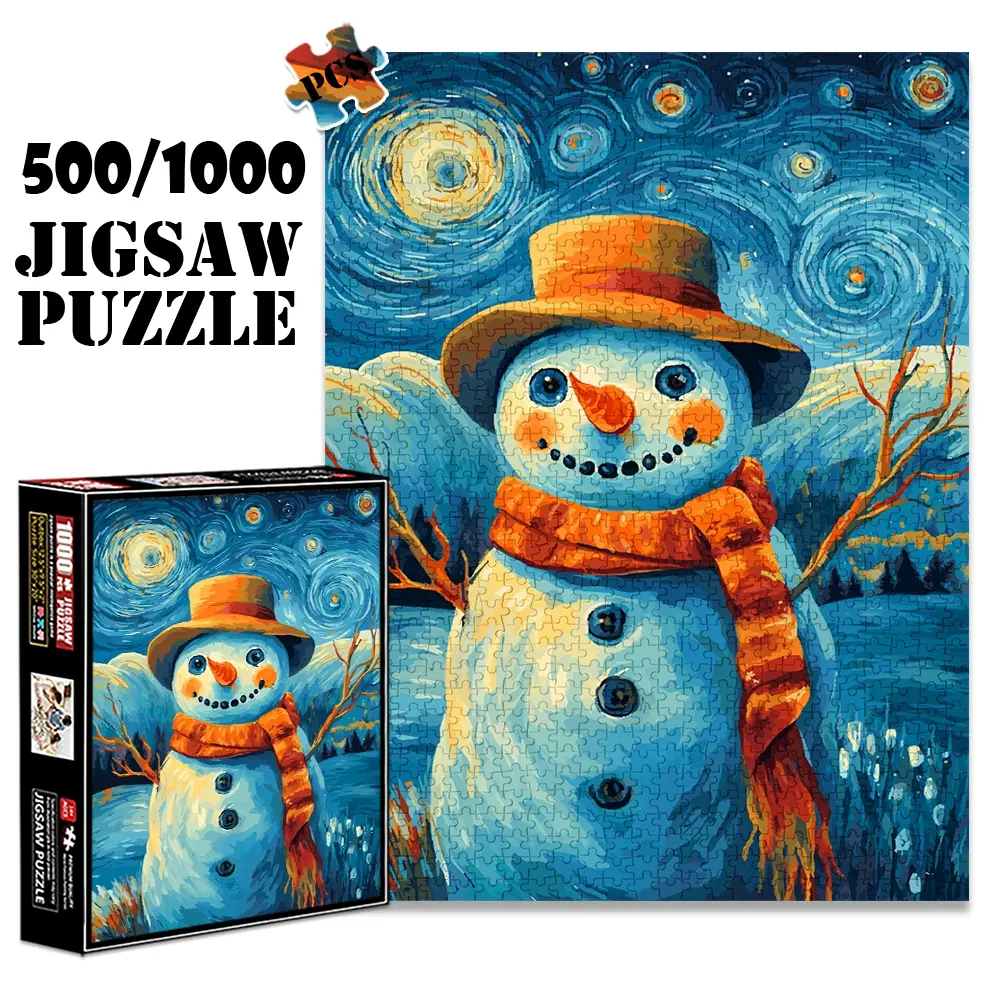 1pc 1000 piece adult puzzle 70x50cm Snowman with Hat and Scarf Under Starry Sky500 pieces paper jigsaw puzzle suitable for DIY creative games for adults and families, birthday and holiday stress rel