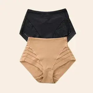 Leonisa 2-Pack Stripe Undetectable Lace Classic Shaper Panties Sheer High-Waisted Seamless Women's Underwear with Thong Effect for Natural Looking Butt Lift Style Basic Womenswear