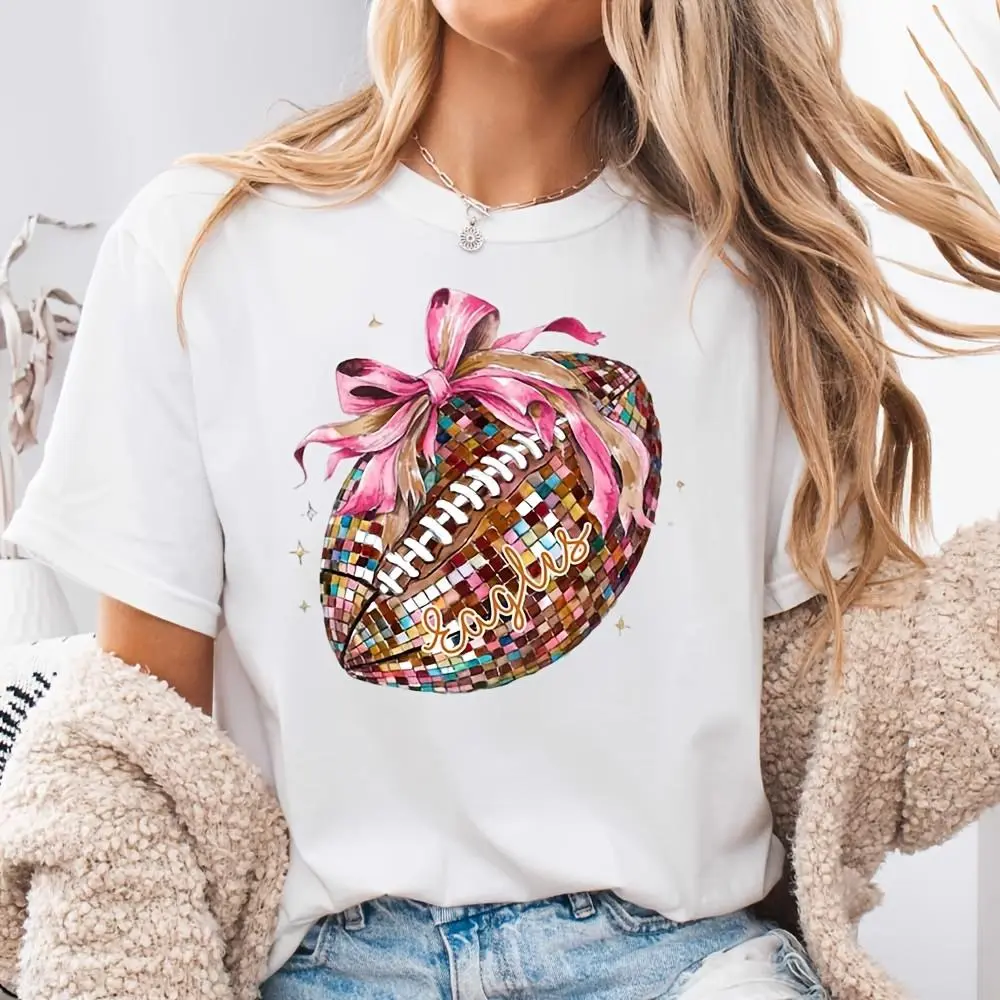Mosaic Football With Pink Bow And Eagles Text, Neck Drop Shoulder T-Shirt, American Football Game Day Cheerleader Outfit, Stadium Party Wear