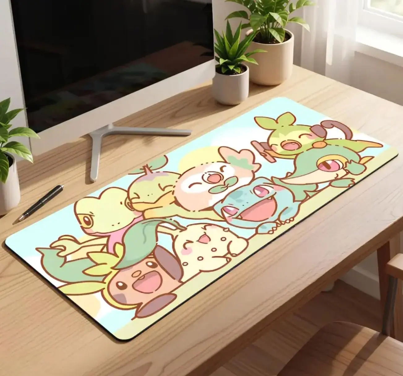 Kawaii Mouse Pad with Bulbasaur, Rowlet, and Mudkip, Large Pastel Anime Mouse Pad