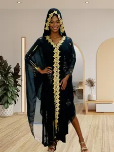 Elegant Muslim Crystal Embroidered Spring Robe, Loose Fit Blouse with Flared Sleeves, Trendy Shawl for Middle East Africa Southeast Asia
