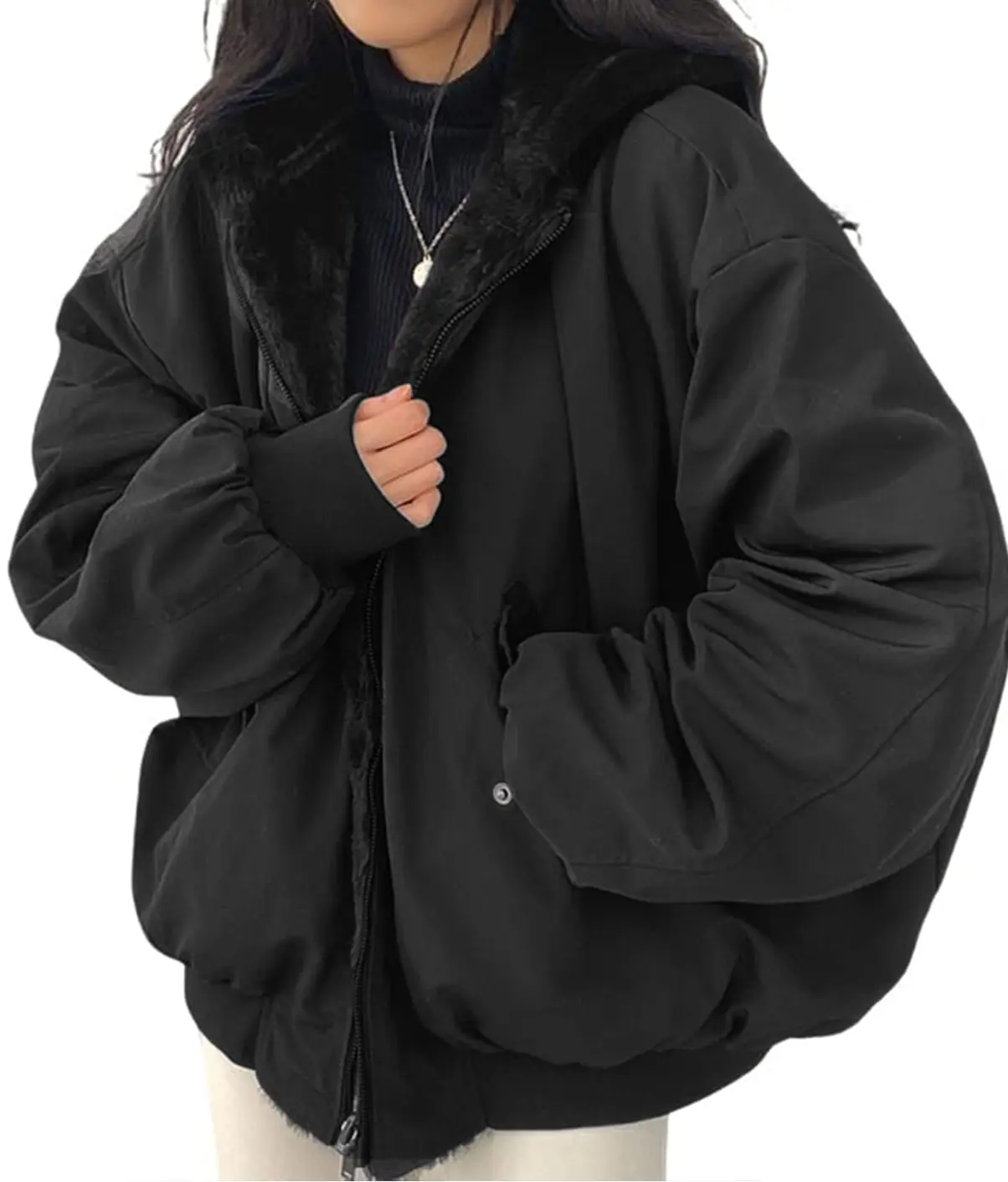 FASHORA Women's Reversible Coat Warm Winter Hooded Fleece Lined Jacket Zip Up Outerwear with Pockets, Jackets, Style, Long Sleeve, Piece, Outfits