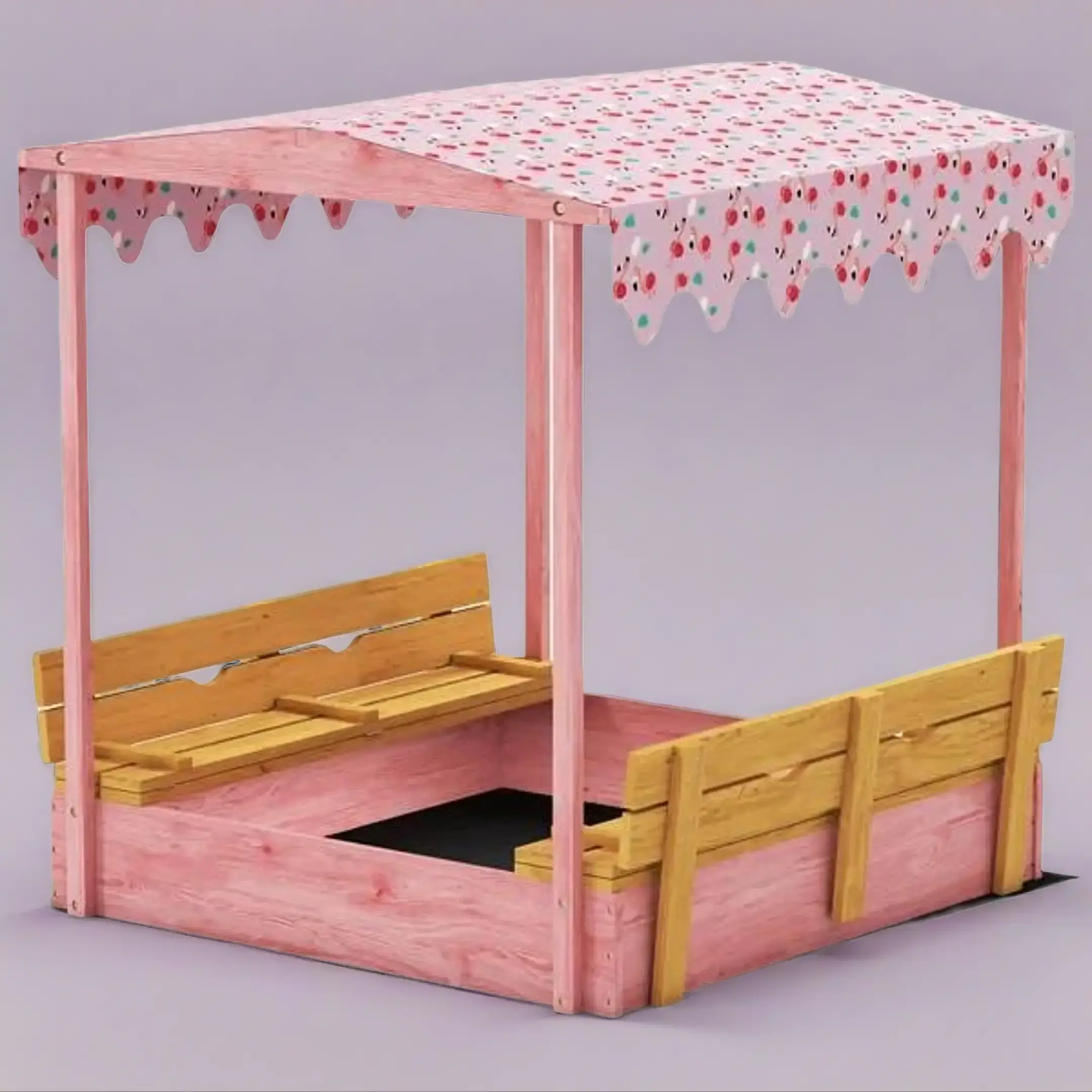 Pink Flamingos Print Solid Fir Wooden Sandbox for 4-6 Year Olds - Outdoor Play Kids Sandbox with Lid, Seat, Bottom Liner, Sunshade Canopy, Sun Protection, Adjustable Sand Depth, Assembly Required