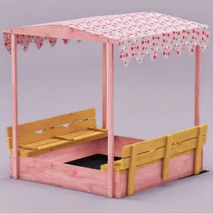 Wooden Sandbox with Cover, Kids Sandbox Outdoor with Seat, Bottom Liner, Canopy for Ages 3-6, Flamingos Print, Pink