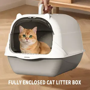 2026 Top Rated Fully Enclosed Cat Litter Box, Gray - Odor-Locking, Portable with Scoop Litter Mat