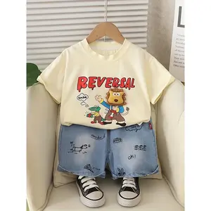Boys' Lion Crocodile Pattern Short Sleeve + Denim Shorts, Gift, Trendy Cool Boy Outfit, for Outdoor