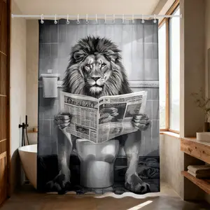 1pc The Lion Reading the Newspaper Pattern Shower Curtain with Hooks, Machine Washable, Bathroom Partition Curtain, Suitable for Walls and Bathtubs, Bathroom Home Decoration Shower Curtain