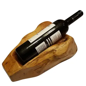 Thy Home Hand-Carved Tree Root Wooden Wine Bottle Holder - Inclined Tabletop Wine Rack for Kitchenware, Bar Utensils with Unique Natural Design