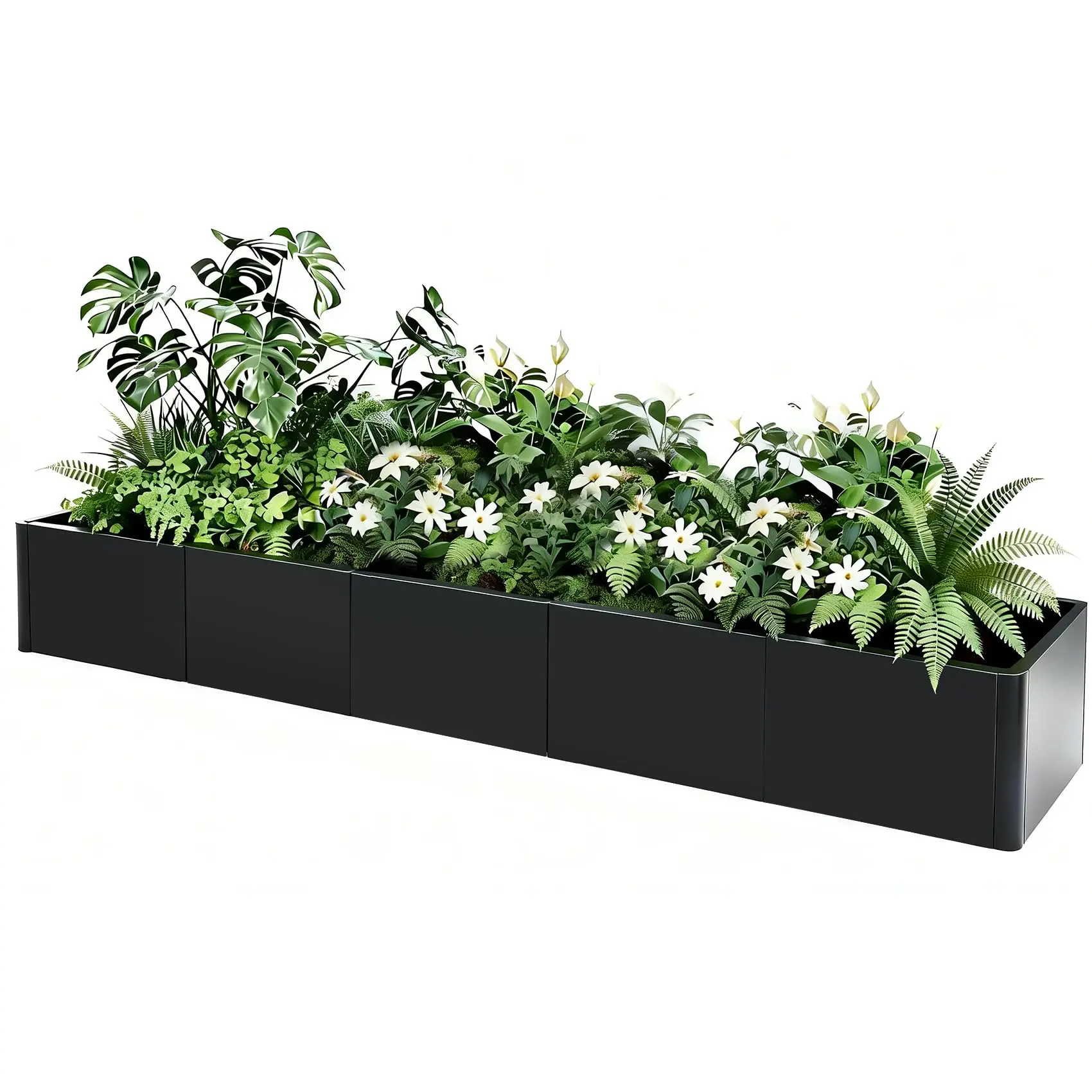 Garvee Modern Outdoor Rectangular Black Steel Curved Planter - 70x20x12in, with Drainage Holes