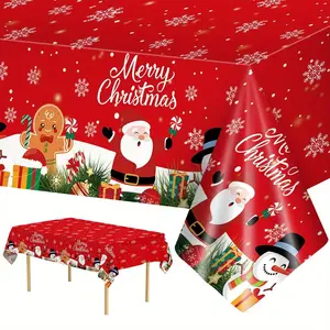1 Piece Christmas Tablecloth - Disposable Plastic Tablecloth, Red Rectangular with Adorable Santa Claus and Snowman Design, Suitable for Christmas Party Decorations and Gift Tablecloths, Overlay Table Cover, 108 x 54 Inches
