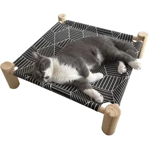 Cat/Dog Bed Hammock, Wooden Elevated Indoor Outdoor Pet Bed, Raised Cat Cots Furniture Portable Breathable Mesh Bed for Small Animals-Black Diamond