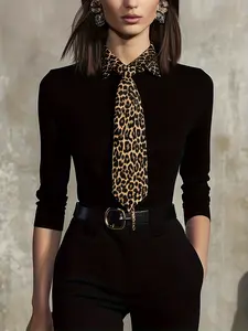 Elegant Solid Color Long Sleeve Fitted Shirt with Eye-Catching Leopard Print Tie, Simple Design for Various Occasions, Commute, Dates, Casual Daily Wear, Tops