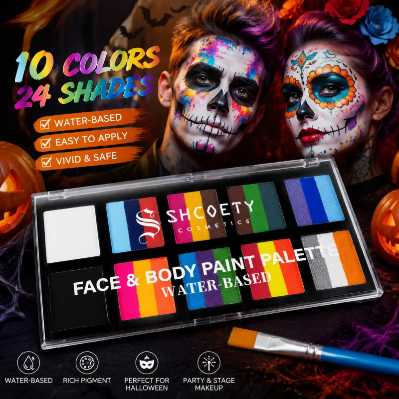Face Paint Kit Water‑Based Face & Body Paint Palette with Brush, 24 Vivid Shades for Halloween Costume, Day of the Dead, Cosplay, Carnival and Festival Party Makeup