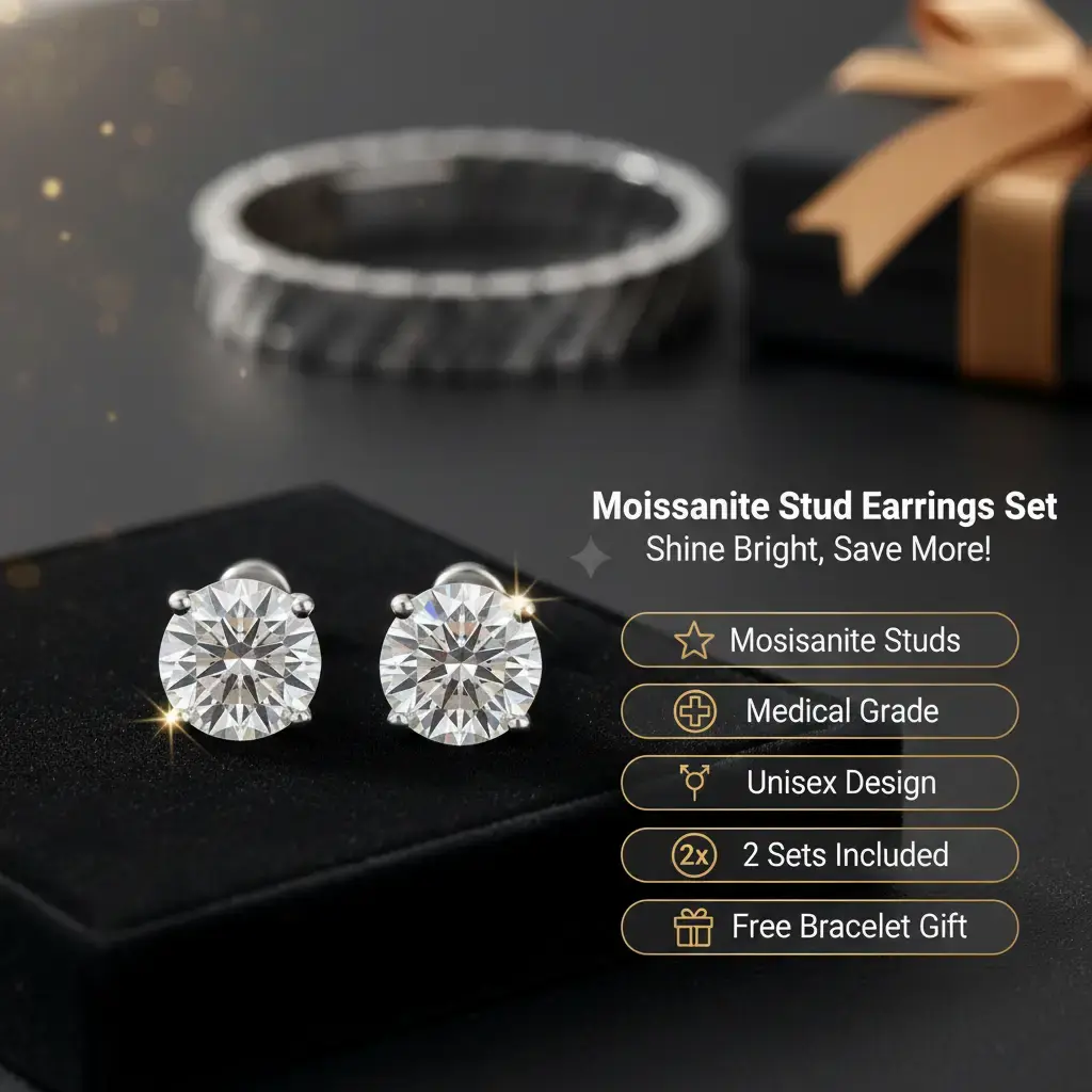 Moissanite stud earrings, fashionable jewelry accessory set of 4 stones (each stone 2 carats), buy one get one free (total of 2 sets), plus a random bracelet included.