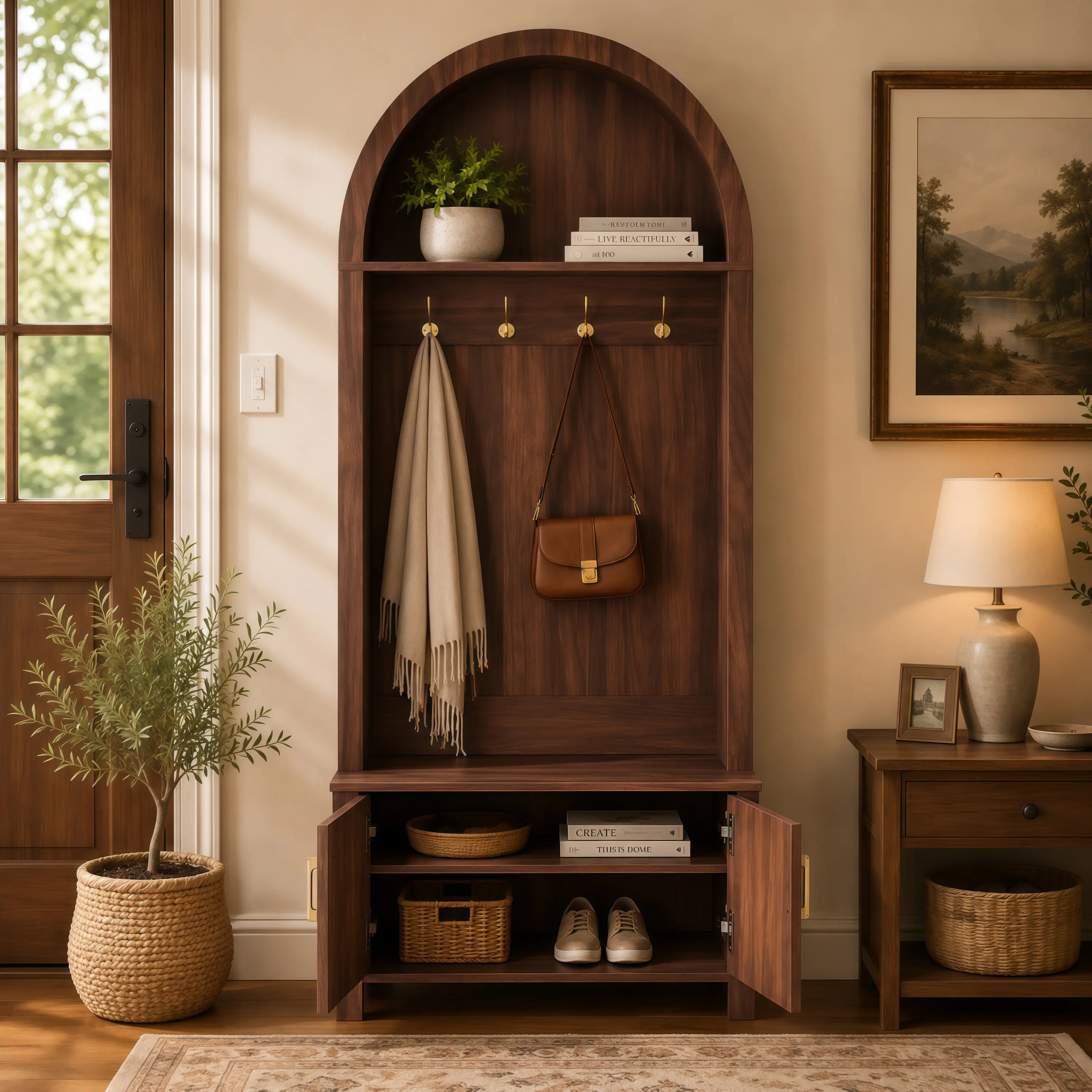 Arched Hall Tree with Bench and Shoe Storage, 70.3" Farmhouse Coat Rack with 4 Metal Hooks and 2 Fluted Doors, Entryway Organizer Cabinet for Mudroom Hallway, Walnut Finish