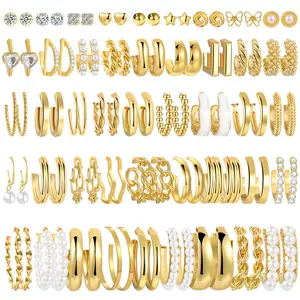 45 Pairs Gold Hoop Earrings Set for Women, Trendy Hypoallergenic Chunky Twisted Pearl All-match Jewelry for Party and Daily Clothing Decor