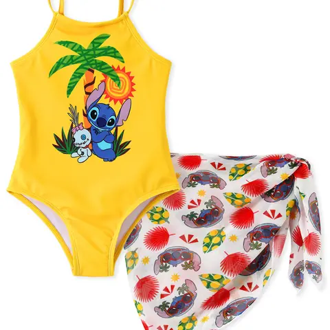 PatPat Official Licensed Disney Stitch Toddler Girls 1-Piece Swimsuit with Mesh Sarong, Yellow Tropical Palm Tree Cover-Up, Kids' Beach Pool Swimwear, Toddler Girls Swimsuit, One Piece