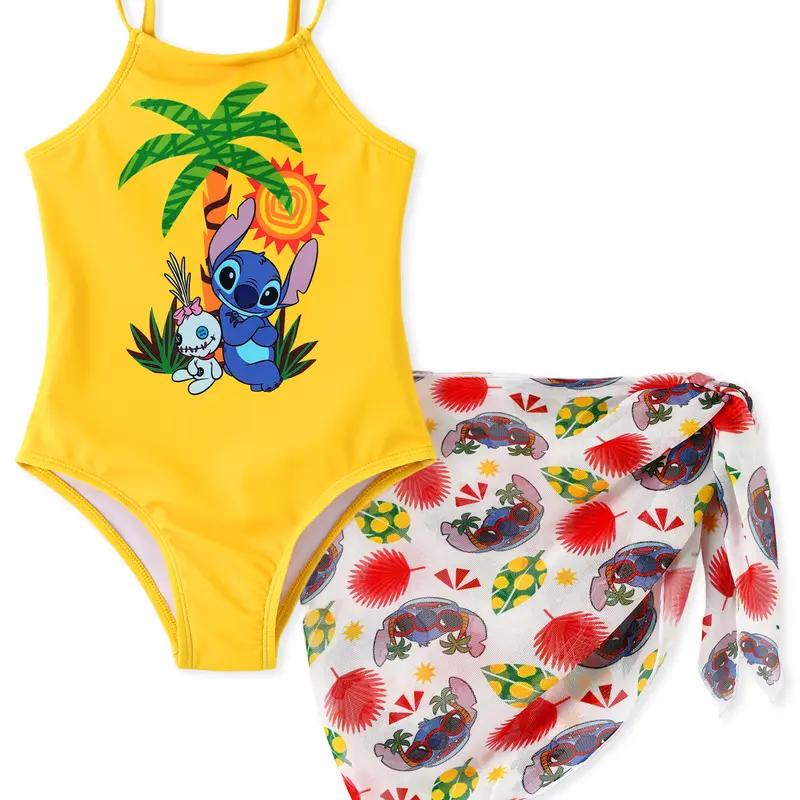 PatPat Official Licensed Disney Stitch Toddler Girls 1-Piece Swimsuit with Mesh Sarong, Yellow Tropical Palm Tree Cover-Up, Kids' Beach Pool Swimwear, Toddler Girls Swimsuit, One Piece