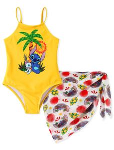 PatPat Disney Stitch Girls Swimsuit Set with Cover Up Yellow Tropical Palm Tree One Piece Bathing Suit and Mesh Sarong for Beach Pool Swimwear Set