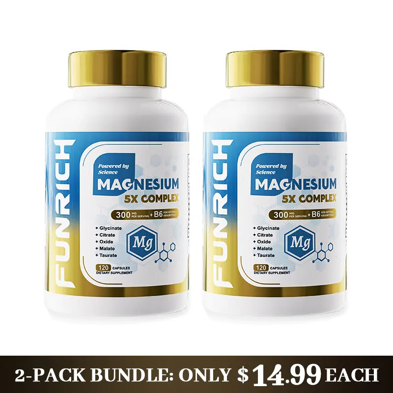 FUNRICH 2-PACK 5X Complex Magnesium Dietary Supplement Capsules 1100mg - B6 Essential Health Support Mineral Supplements, Prop 65 Safe - 4-Month Supply for Calmer Sleep, Muscles, Supports Calmer Sleep And Rest
