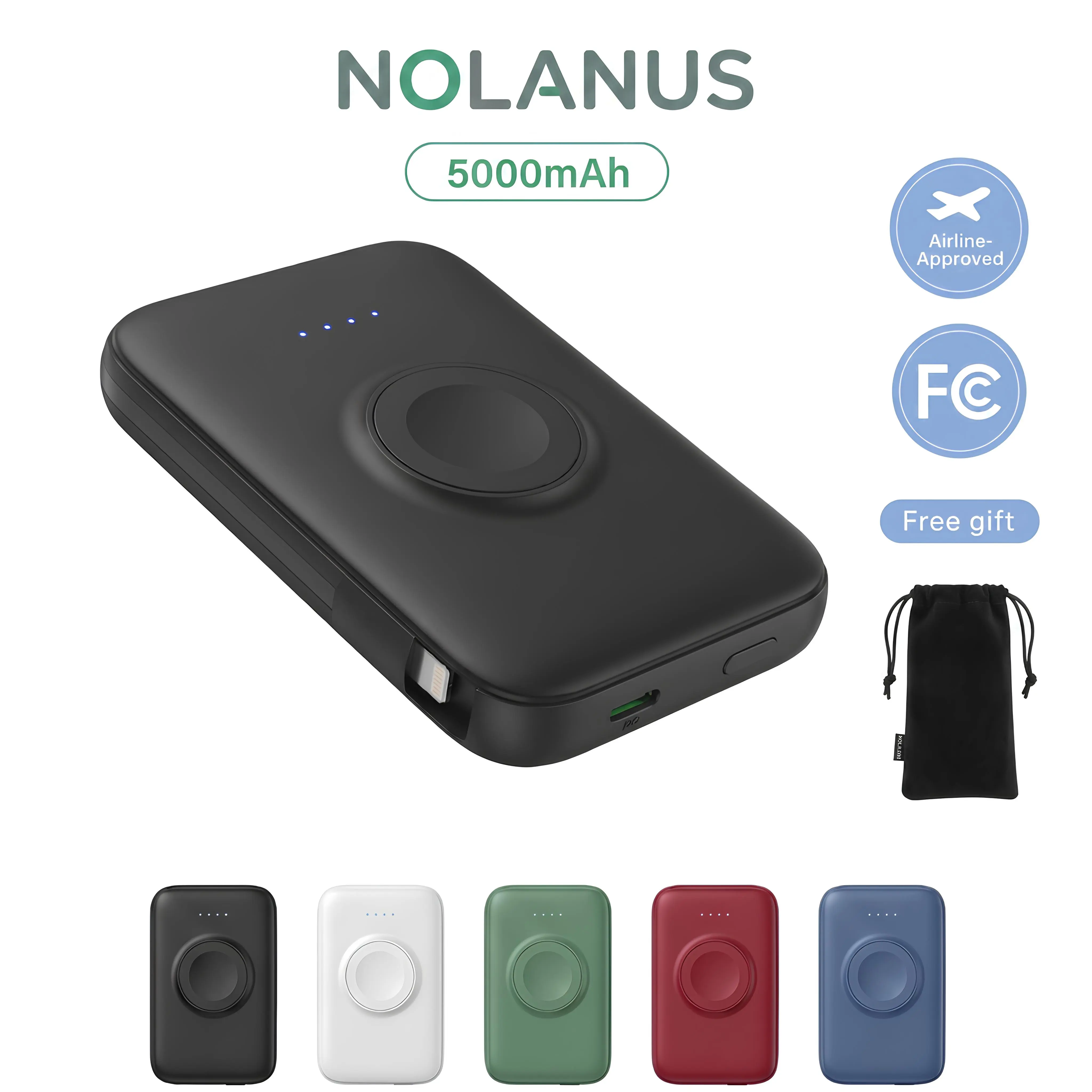 Nolanus 5-in-1 10000mAh Mini Portable Charger - 15W PowerBank with Built-in Cables, Magnetic Watch Charger, Type-CI/O, Free Storage Bag I USB Rechargeable Battery Pack forPhones & Electronics Accessories, On-the-Road EDCEveryday Carry Gear