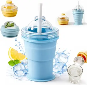 2 in 1 Collapsible Silicone Ice Ball Maker Cup Reusable Portable Sphere Mold Foldable Travel Tumbler Straw Lid Leakproof Easy Demolding for Whiskey Cocktails Coffee Juice Outdoor