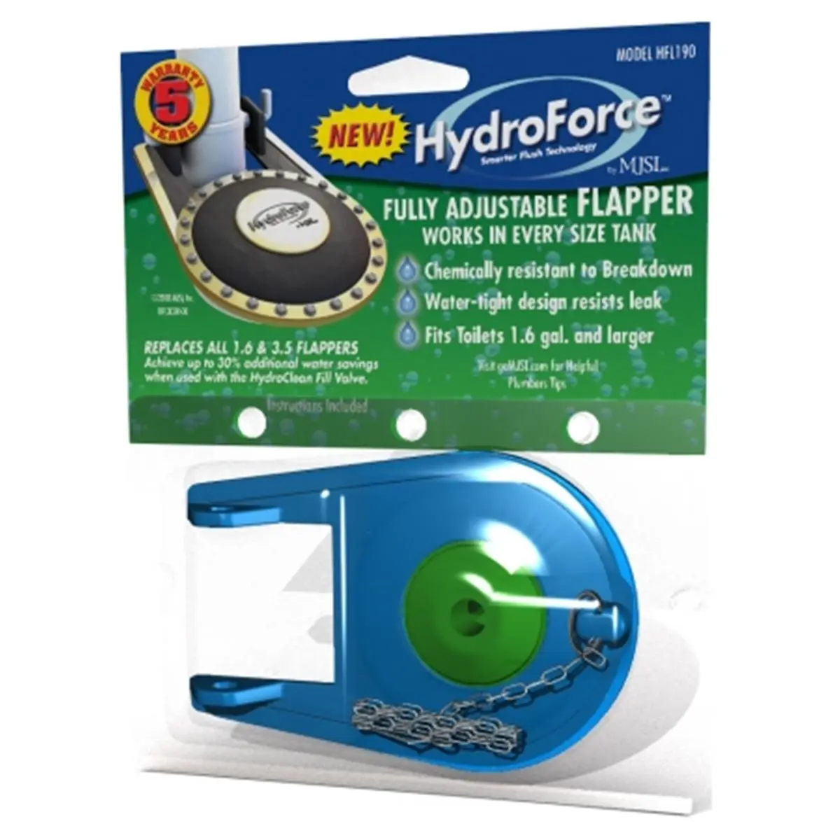 212 MAIN HydroForce Premium Rubber Toilet Flapper HFL190 - 5-Year Corrosion & Chlorine Resistant, Adjustable for Water Savings, Universal Tank Fit, Silicone Sprayed