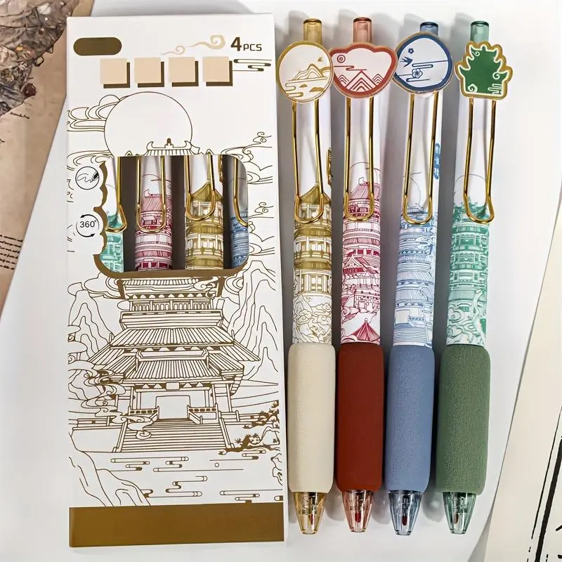 4Pcs/set Chinese style ancient building painting pressure pen high value Qionglou Yuyu neutral pen 0.5mm black pen core