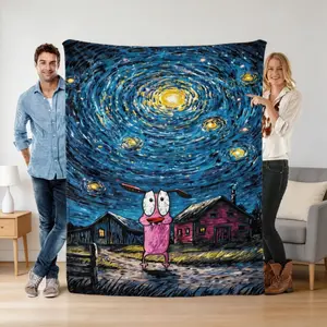 Van Gogh Style Starry Night Flannel Blanket, Courage the Cowardly Dog Throw Blanket, Fuzzy Cozy Soft Blanket for Couch Bed Sofa, Lightweight Home Gift