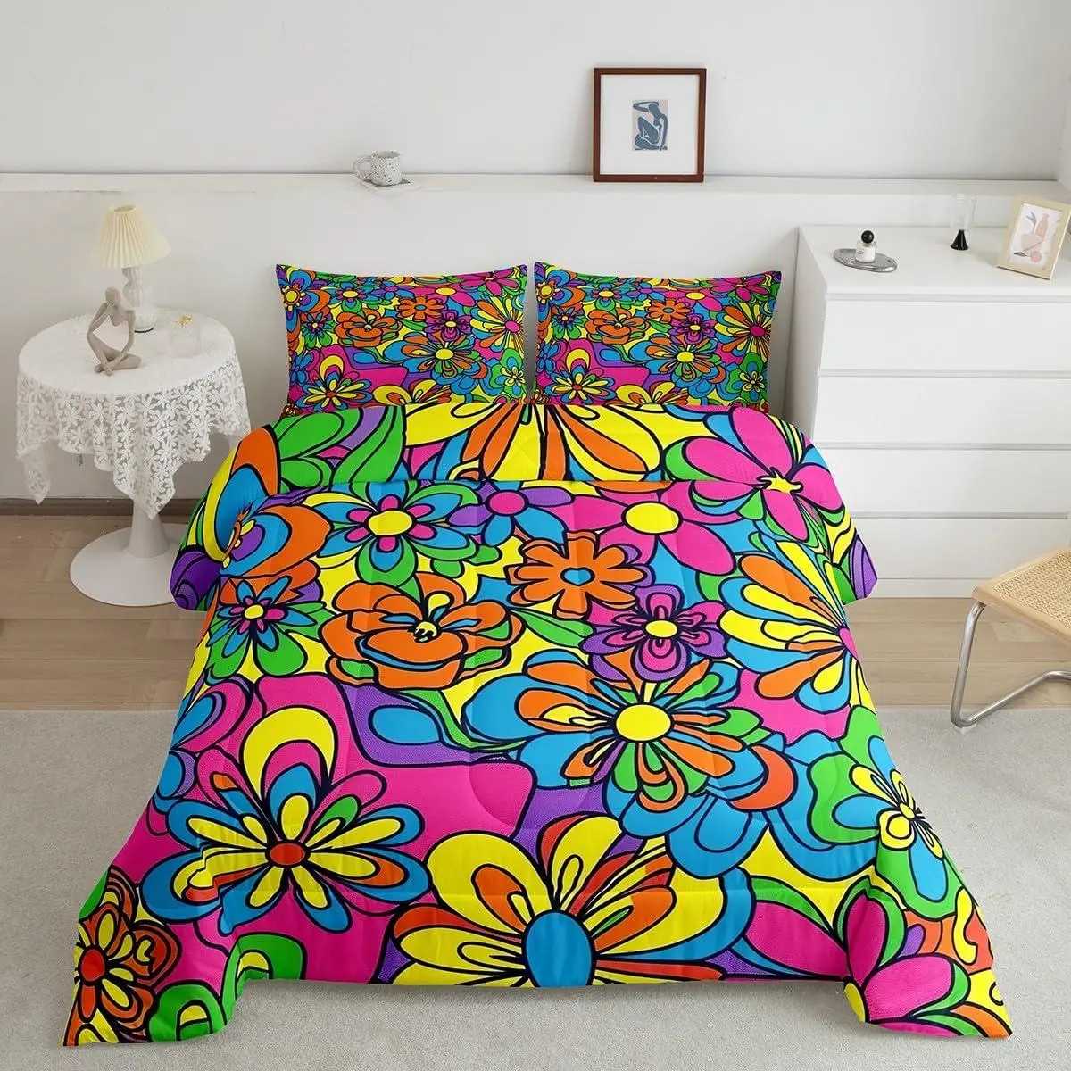 Retro Hippie Flower Comforter Set 60S 70S Groovy Comforter Cartoon Vintage Boho Plant Floral Botanical Bedding Set Yellow Blue Duvet Set Room Decor Quilt Set