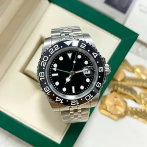 Men’s Black Bezel GMT Style Watch, 24-Hour Rotating Ceramic Bezel, Stainless Steel Jubilee Bracelet, Black Dial with Luminous Hands & Date, Sporty Business Casual Wristwatch