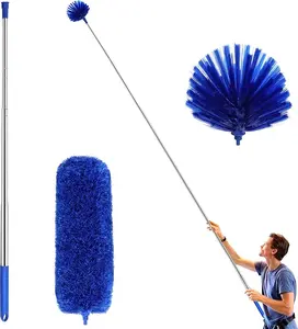 Duster with Extension Pole, Washable Cleaning Duster Kit with 2 Duster Heads, Cobweb Duster, Corner Brush, Aluminum Telescoping Pole for Ceiling Fan (Blue)