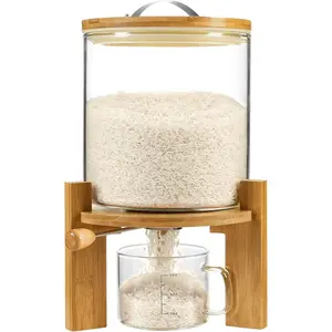 Rice Dispenser, Rice Storage Container：Flour and Cereal Container with Airtight Lid and Wooden Stand, Glass Food Storge Container for Kitchen Organization and Pantry Store (5L)