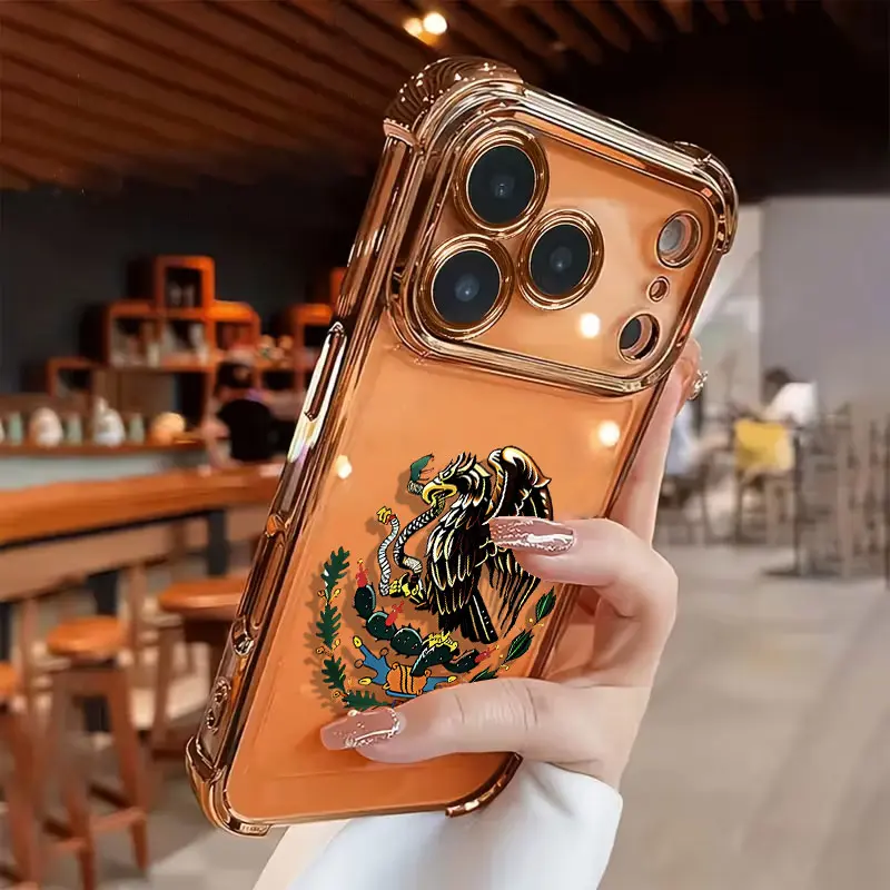 Mexican Eagle Logo Electroplated Transparent TPU Airbag Shockproof Smartphone Case - Soft Cover Protector for iPhone 17 Pro Max,16,15,14,13,12,11 - Simple Fashion Phone Accessory