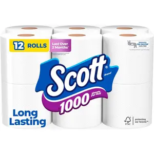 Scott 1000 Sheets Per Roll, 12 Toilet Paper Rolls, Bath Tissue