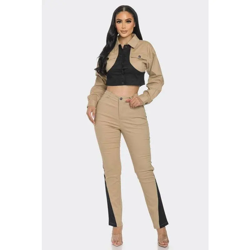 Brianna Color Block Pant Set Tan
