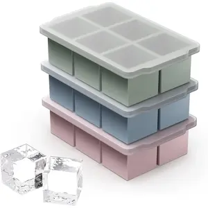 3 Packs Large Ice Cube Molds with Stackable Lid,Silicone Ice Cube Tray for Freezer,Big Square Ice Tray for Whiskey,Cocktails,Bourbon and Soups (Neutral)