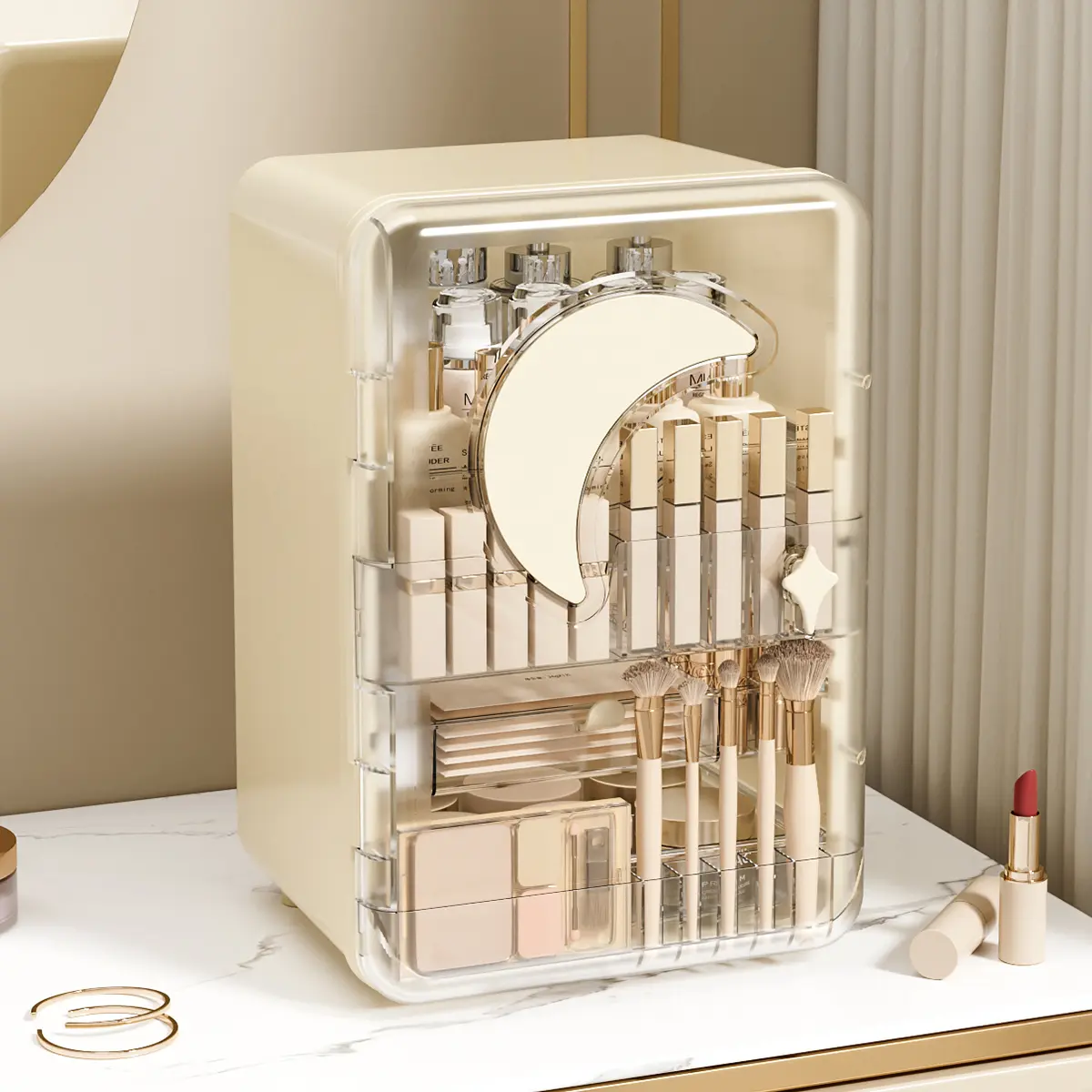 Dustproof Makeup Organizer with Drawers, Large Capacity Cosmetic Storage Box with Clear Door, Multi-Compartment Vanity Organizer for Skincare Lipstick Brushes, Countertop Makeup Holder for Bathroom Dresser