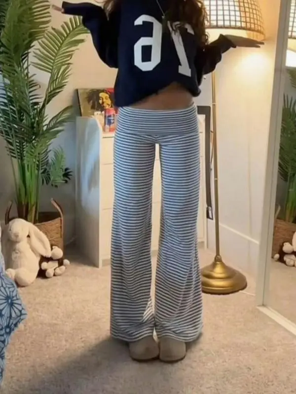 Lounge Wide Leg Sweatpants For Women Fold Over Low Waist Yoga Sweatpants Back To School Clothes Flare Leggings Bell Bottoms Y2K Foldover Pants