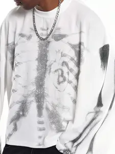 1pc Men's Vintage Y2K Skeleton Print Long Sleeve Tee Waffle Textured Relaxed Fit Cyber Grunge Streetwear White