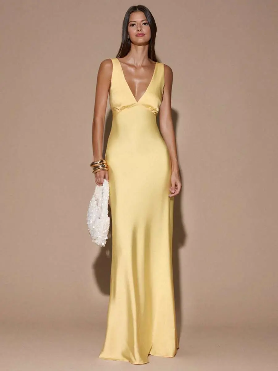 JADEE Sexxxy Minimalist Solid Color Deep V-Neck Sleeveless Backless Tie Maxi Dress
