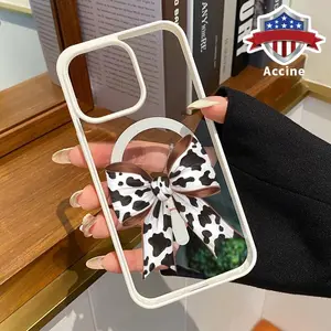 Magnetic Soft Case for iPhone 17 Pro Max 16 Plus 15 14 13 12 11 Air E Non-Yellowing Drop Protection Transparent Acrylic Trendy Cow Print Bow Pattern Shockproof Silicone Cover Supports Wireless Charging.